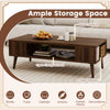 Rectangular 42-inch walnut coffee table with open compartment and side shelves for ample storage and organization.