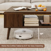 Mid-century modern 42-inch coffee table in walnut with open compartment, raised 6.5" for easy cleaning and storage.