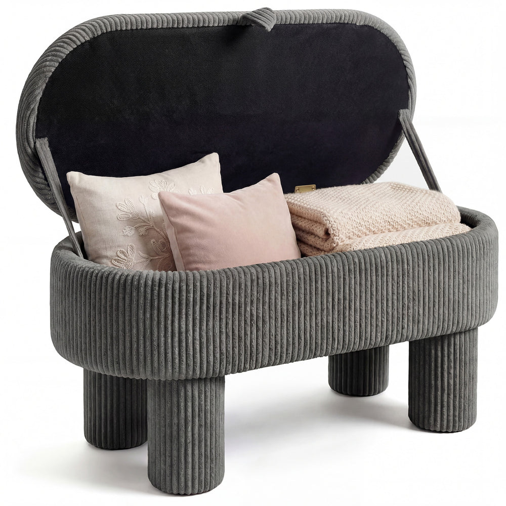 Gray corduroy storage ottoman bench with plush fabric, lifting lid, and thick support legs for versatile use.