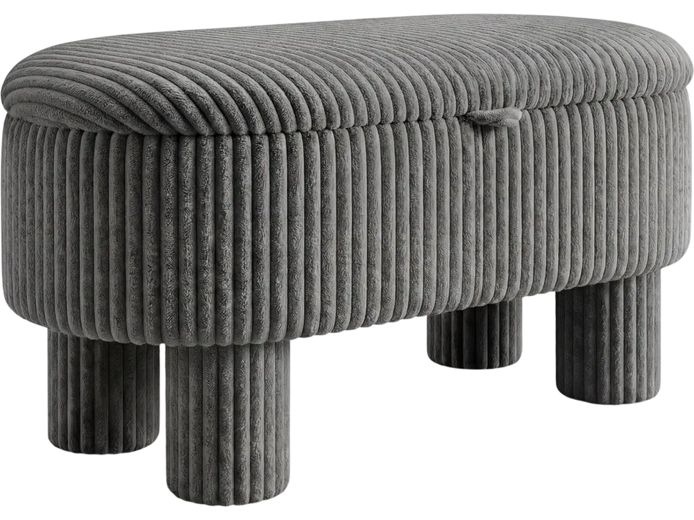 Gray corduroy storage ottoman bench with plush fabric, sturdy legs, and convenient lifting strap for versatile use.