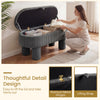Storage ottoman bench in gray corduroy fabric with lifting strap, showcasing easy access to interior storage.
