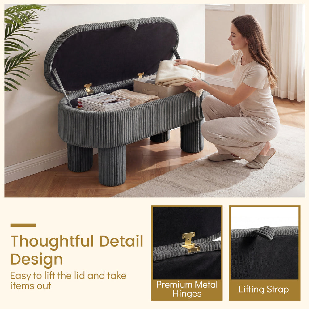 Storage ottoman bench in gray corduroy fabric with lifting strap, showcasing easy access to interior storage.