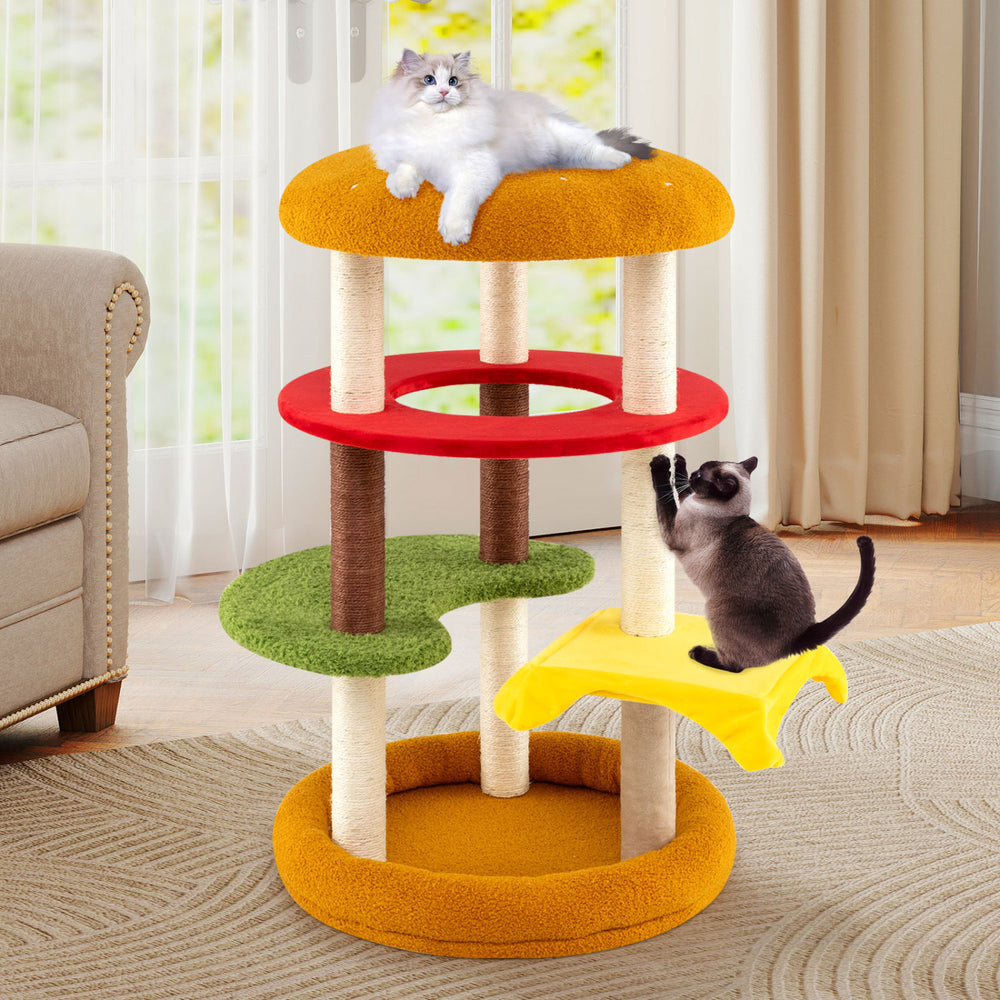 Multi-level 42-inch cat tree in vibrant colors with padded perch, spacious bed, and scratching posts for playful.
