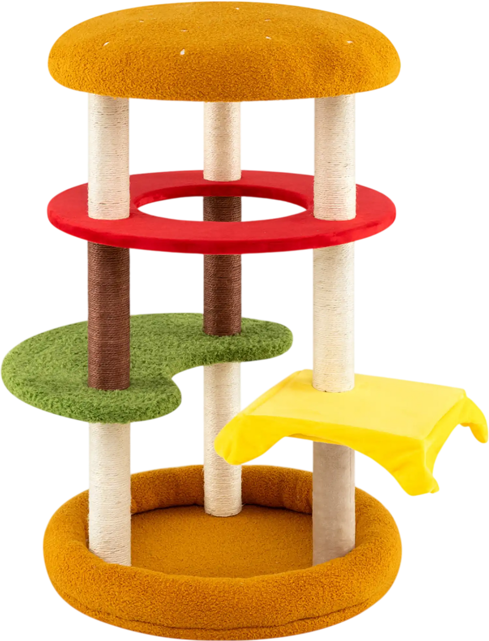 Multi-level 42-inch cat tree in hamburger design with padded perch, cat bed, and colorful platforms for playful.
