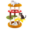 Multi-level cat tree with padded perches in vibrant colors, featuring a cozy bed and scratching posts for playful cats.