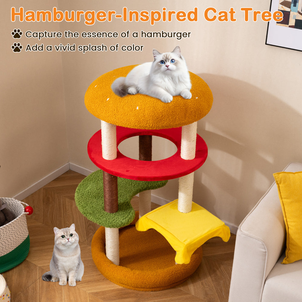 Multi-level cat tree with padded perch and bed, featuring vibrant hamburger-inspired colors for playful lounging.