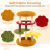 Multi-level 42-inch cat tree with padded perch and vibrant yellow base, featuring soft fabric coverings for comfort.