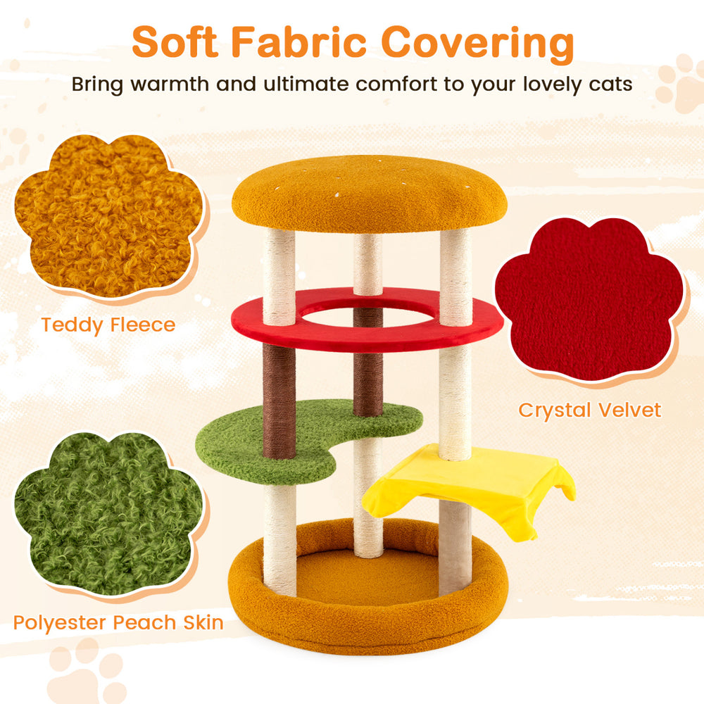 Multi-level 42-inch cat tree with padded perch and vibrant yellow base, featuring soft fabric coverings for comfort.