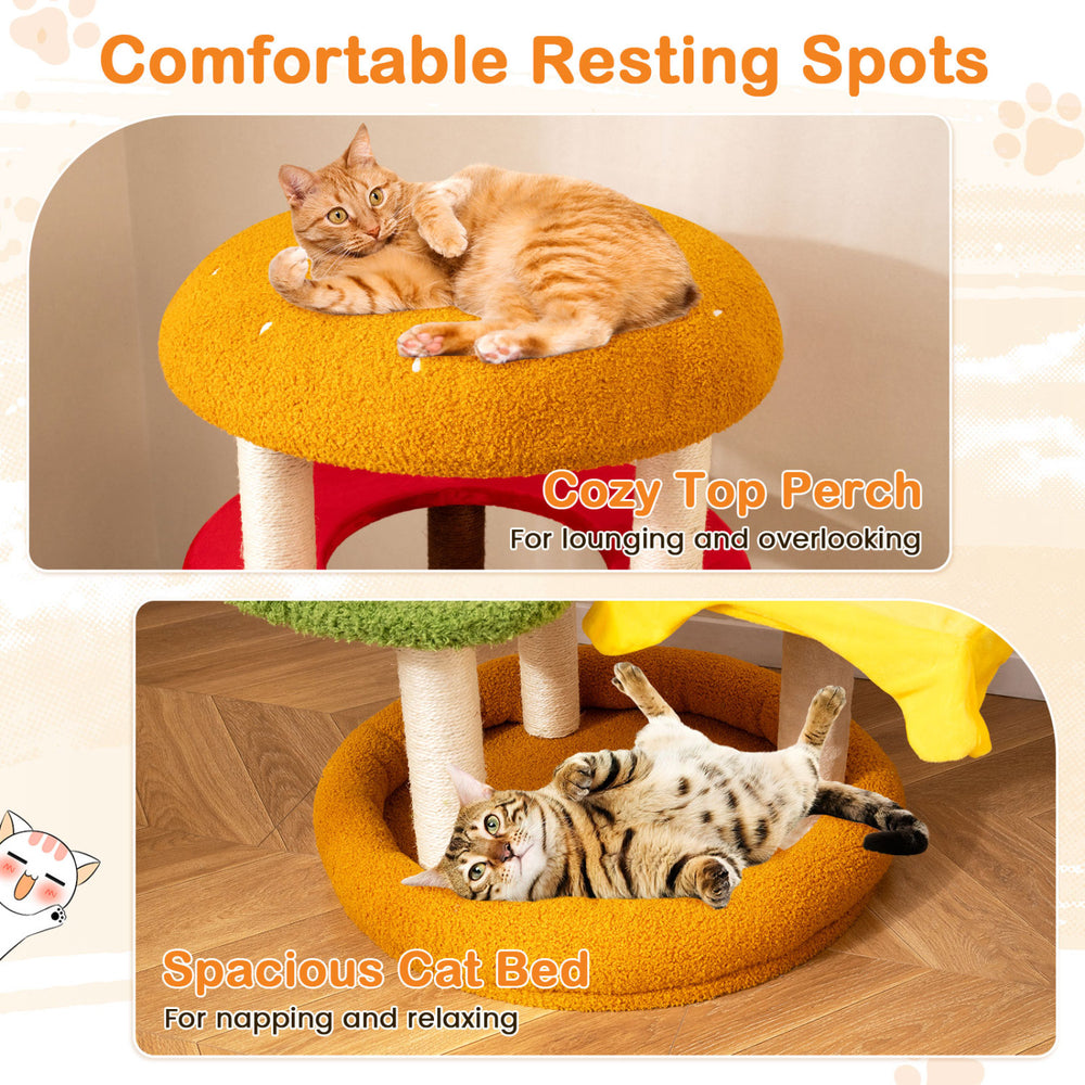 Cozy top perch of a 42-inch modern cat tree with thick padding, perfect for lounging and overlooking.