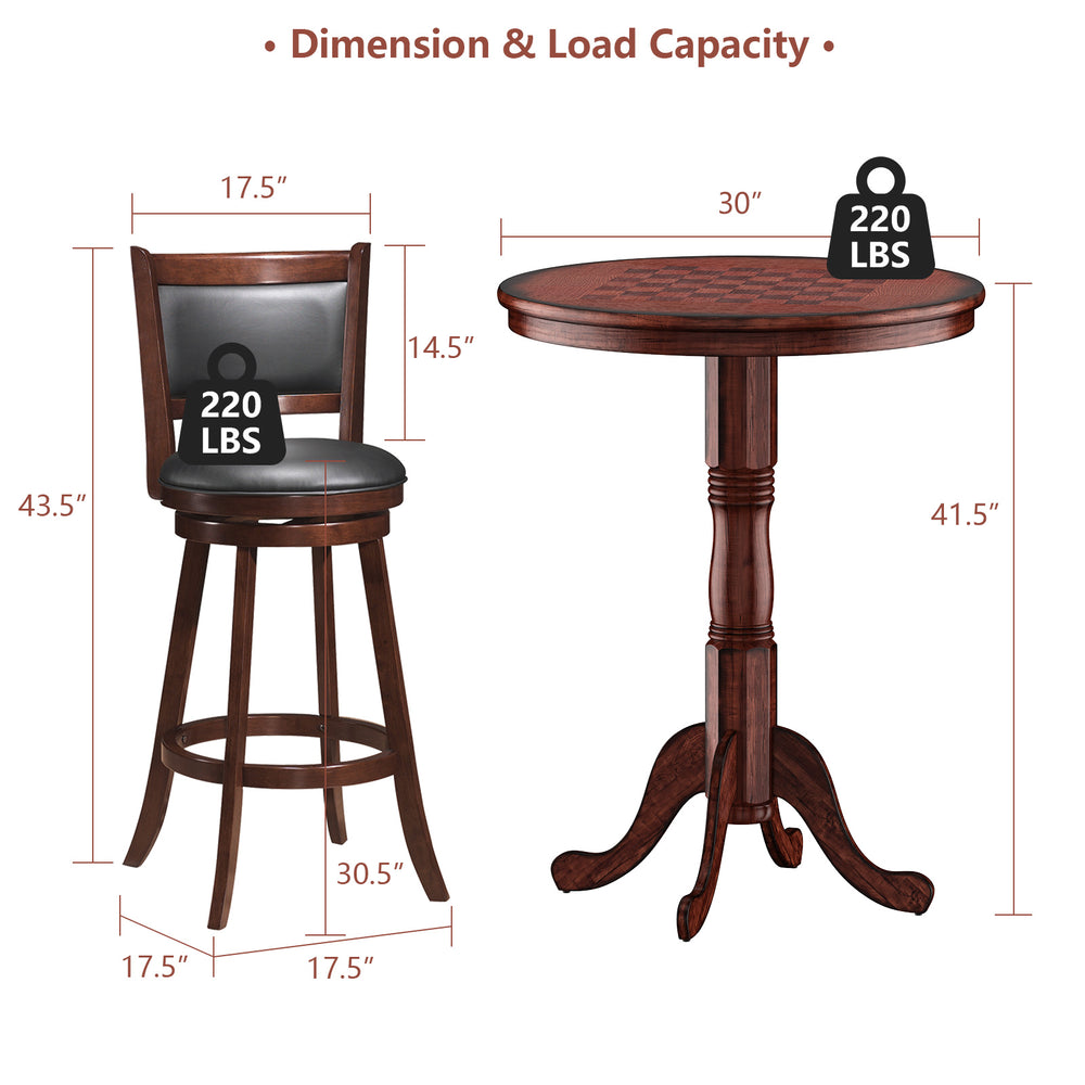 42-inch wooden round pub pedestal side table showcasing detailed dimensions and load capacity, perfect for dining or.