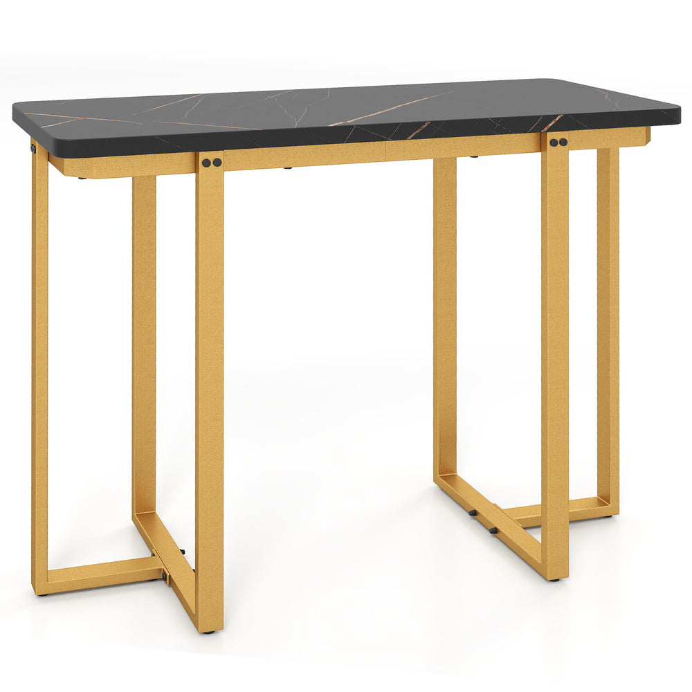 Modern 42-inch faux marble entryway table with a geometric golden metal frame, ideal for hallway or living room decor.