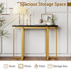 Modern faux marble entryway table with geometric golden metal frame, offering ample storage for books and plants.