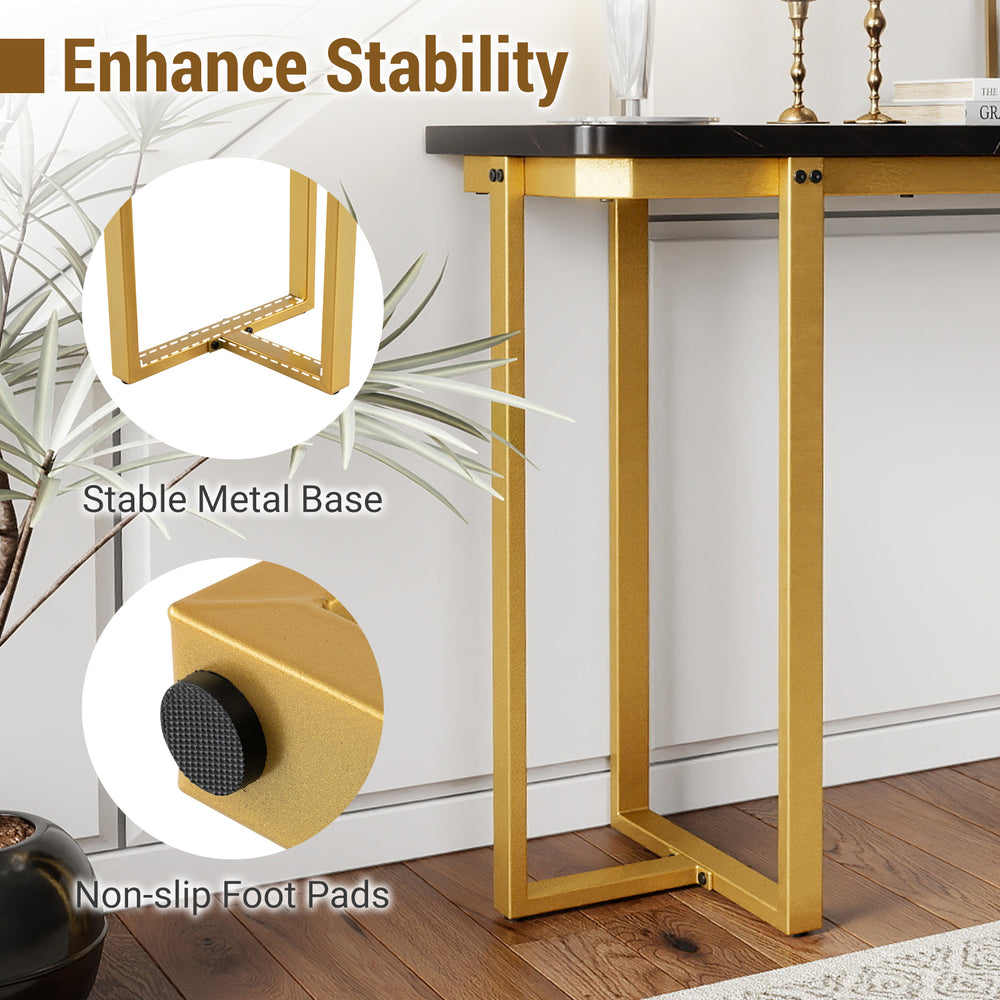Close-up of the 42-inch modern faux marble entryway table's stable golden metal frame with non-slip foot pads for.
