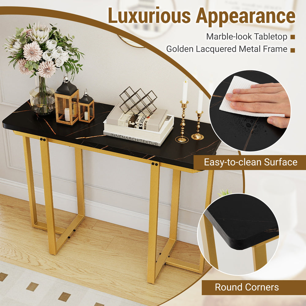 Modern 42-inch faux marble entryway table with a golden metal frame, featuring a stylish design and easy-to-clean.