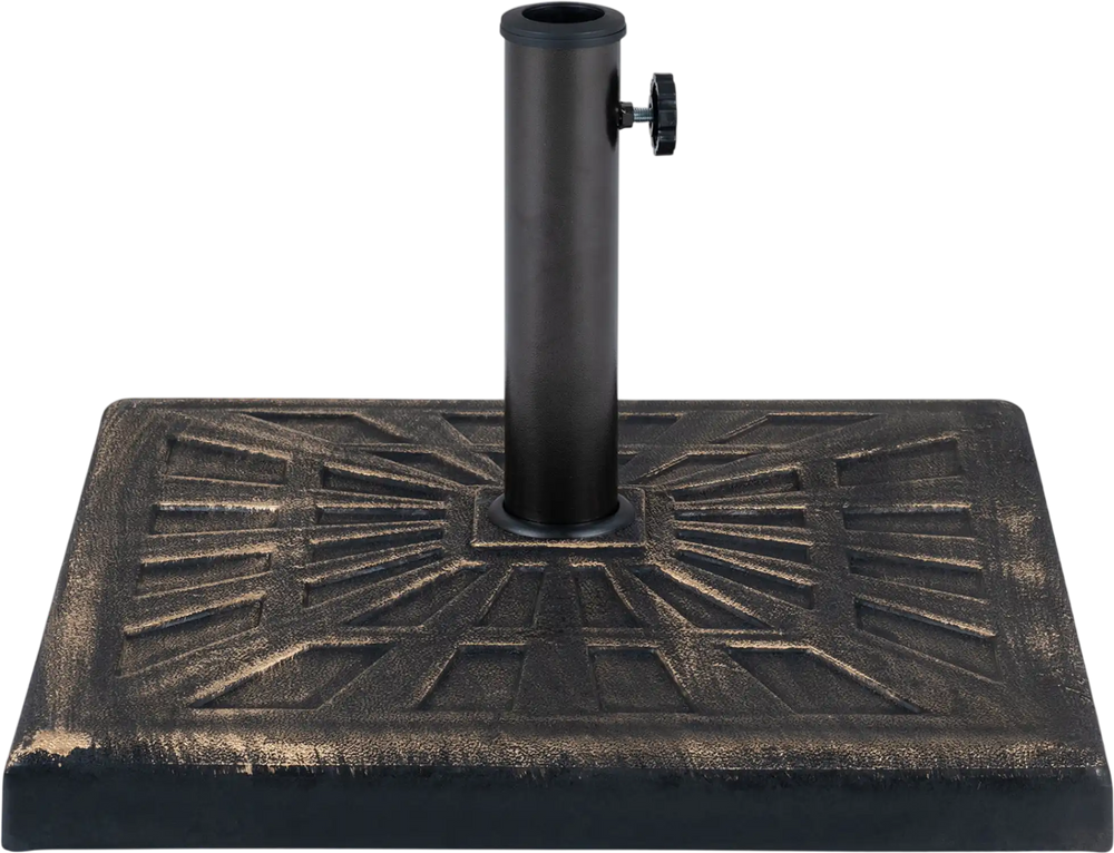 42 lbs weighted patio umbrella base in antiqued bronze features a sturdy resin construction for lasting outdoor use and stability.
