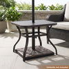 Patio umbrella base weighing 42 lbs features ornate detailing in bronze, providing stability and compatibility for outdoor umbrellas.