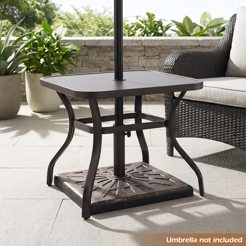 Patio umbrella base weighing 42 lbs features ornate detailing in bronze, providing stability and compatibility for outdoor umbrellas.