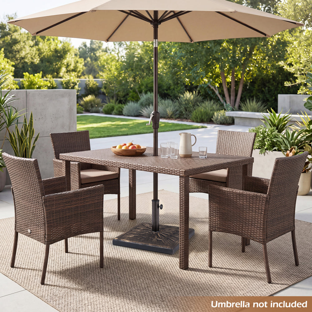 Bronze 42 lb weighted patio umbrella base with adjustable knob, designed for stability and compatibility with various umbrellas.