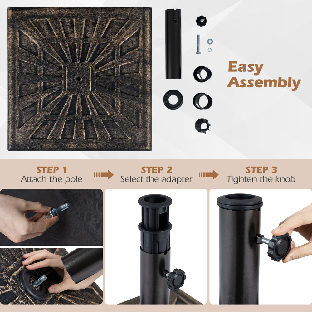 42 lbs weighted patio umbrella base in antiqued bronze with adjustable knob and adapters for various umbrella sizes.