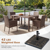 42 lbs weighted patio umbrella base in antiqued bronze with adjustable knob for stability in outdoor settings.