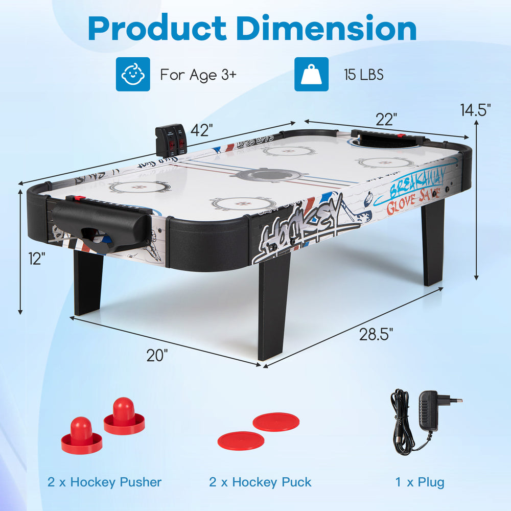 42-inch air hockey tabletop with electronic scorer, includes 2 pushers and 2 pucks, perfect for kids' gaming fun.