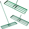 Lawn leveling rake features a robust green frame and ergonomic handle, designed for easy lawn surface leveling and storage.