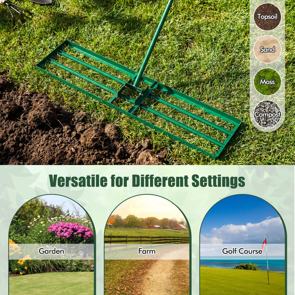 Lawn leveling rake with ergonomic handle, 42 x 10 inches, ideal for gardens, farms, and golf courses.