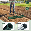 Lawn leveling rake with a 42 x 10 inch plate, ergonomic handle, and sturdy rustproof metal frame for easy lawn maintenance.