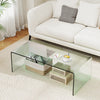 Clear tempered glass coffee table with rounded edges, 42 x 19.7 inches, ideal for a clean and elegant living room setup.