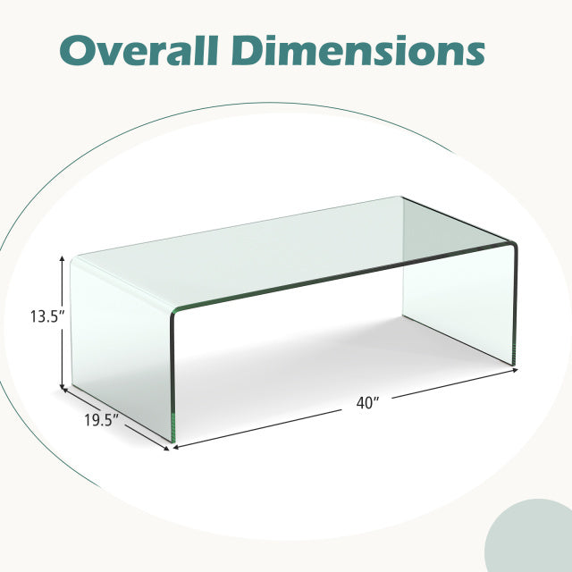 Clear tempered glass coffee table with rounded edges, measuring 42 x 19.7 inches, ideal for a stylish living room.