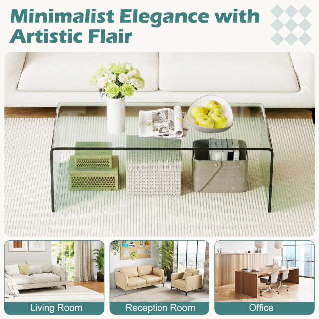 Clear tempered glass coffee table with rounded edges, 42 x 19.7 inches, ideal for living room elegance and style.
