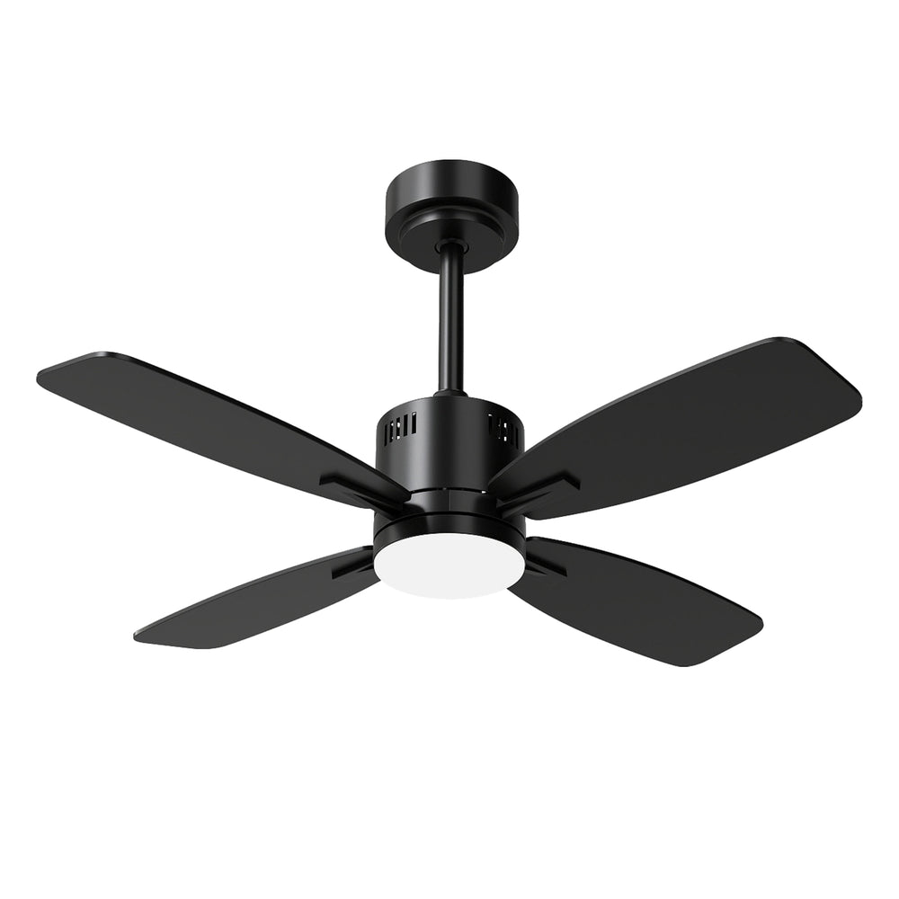 42-inch black ceiling fan with light and remote, featuring 6 speeds and 3CCT LED for versatile indoor comfort.