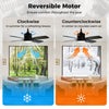 42-inch black ceiling fan with light, showcasing reversible motor for summer and winter airflow, ideal for indoor use.