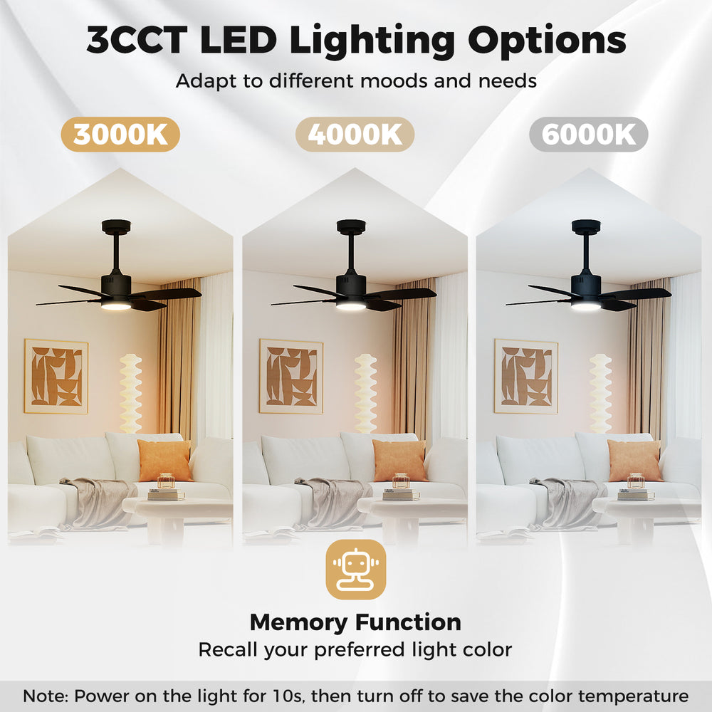 42-inch black ceiling fan with light, showcasing 3CCT LED options and remote control for versatile indoor use.