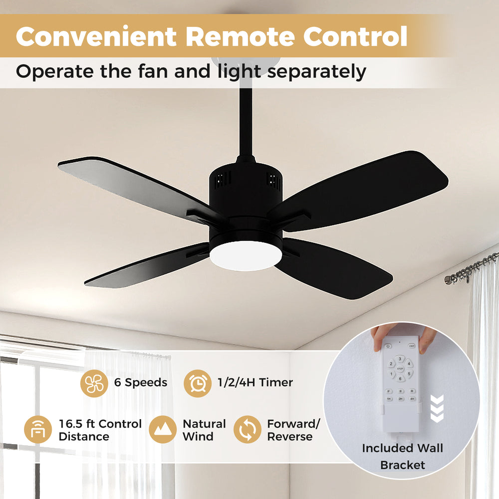 42-inch black ceiling fan with light, remote control, 6 speeds, and 3CCT LED, perfect for indoor or covered patio use.