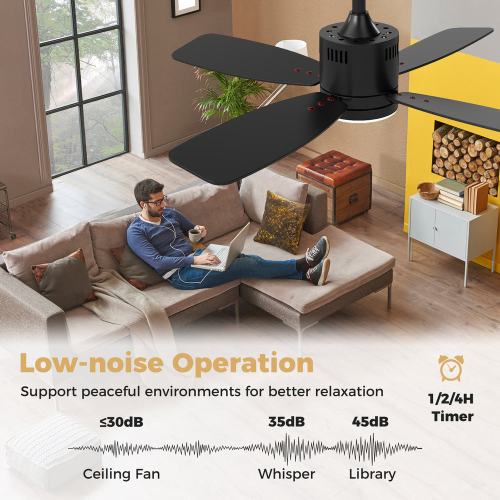 42-inch black ceiling fan with light and remote, featuring 6 speeds and low-noise operation for indoor comfort.