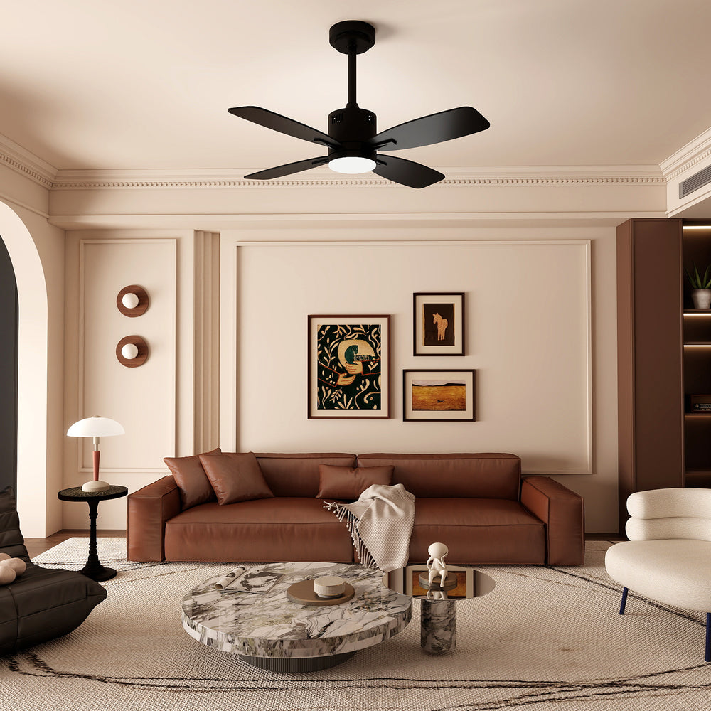 42-inch black ceiling fan with light and remote, featuring 6 speeds and 3CCT LED, ideal for indoor spaces.