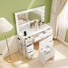 White 43.5-inch vanity desk with LED mirror, adjustable lights, and 7 drawers, perfect for bedroom organization.