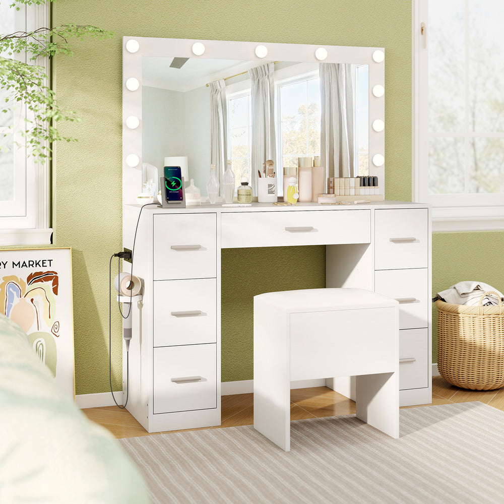 White 43.5-inch vanity desk with LED mirror, 7 drawers, and storage stool for bedroom organization and style.