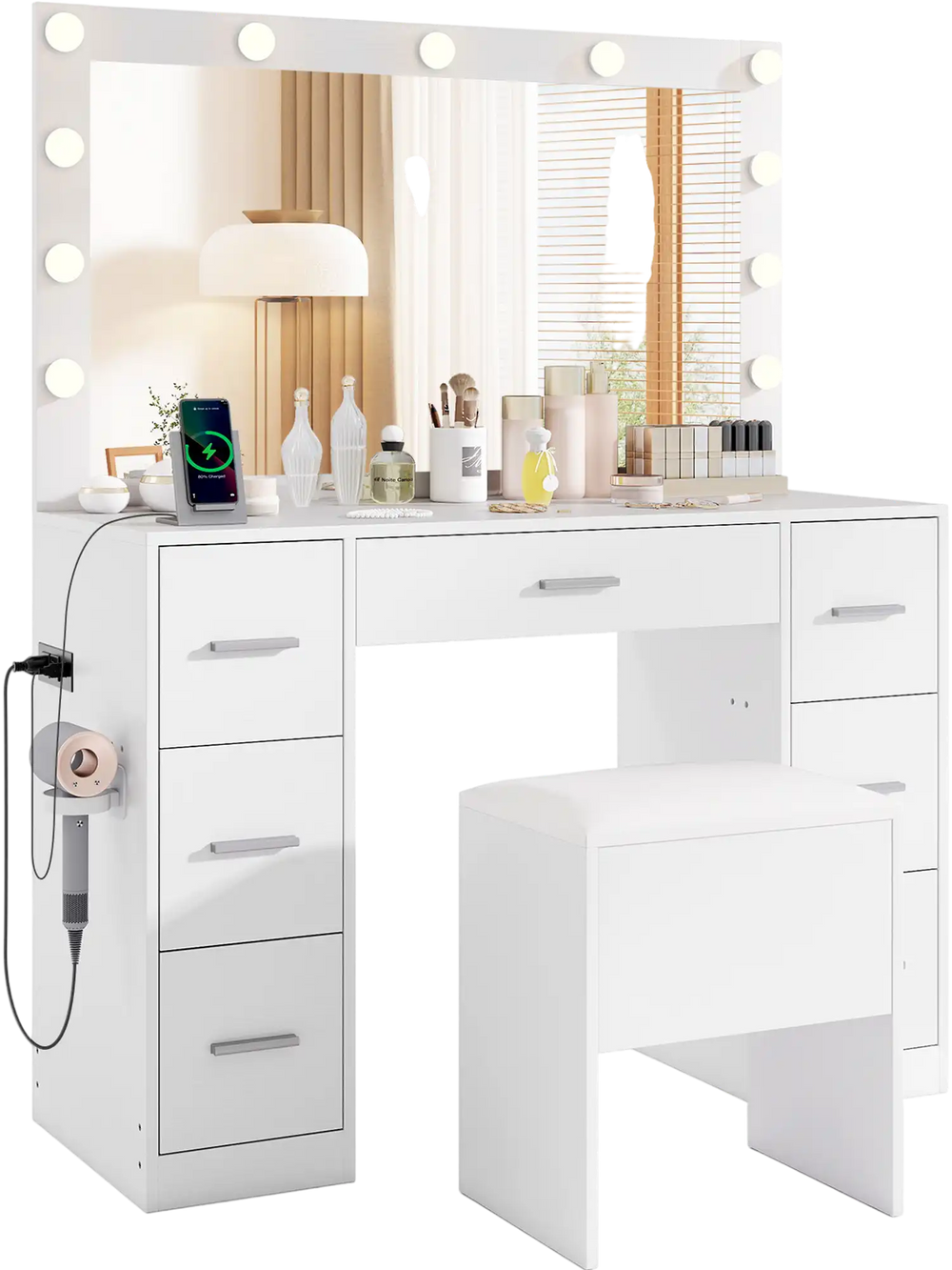 White 43.5-inch vanity desk with LED mirror, adjustable lights, and 7 drawers for organized bedroom storage.