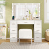 White 43.5-inch vanity desk with LED mirror, 7 drawers, and storage stool, perfect for bedroom organization.