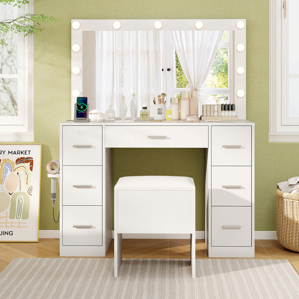 White 43.5-inch vanity desk with LED mirror, 7 drawers, and storage stool, perfect for bedroom organization.