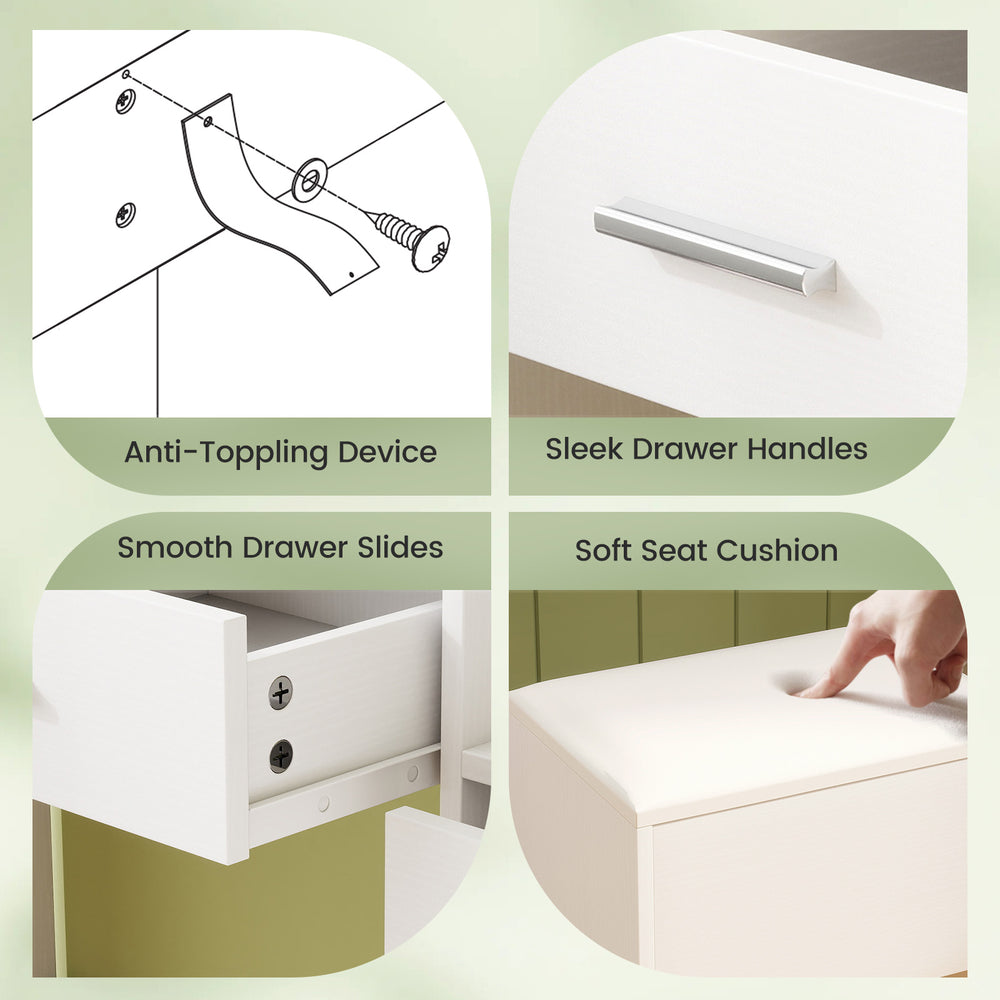 Anti-toppling device and sleek drawer handles of the 43.5-inch white vanity desk with mirror and lights for bedroom.