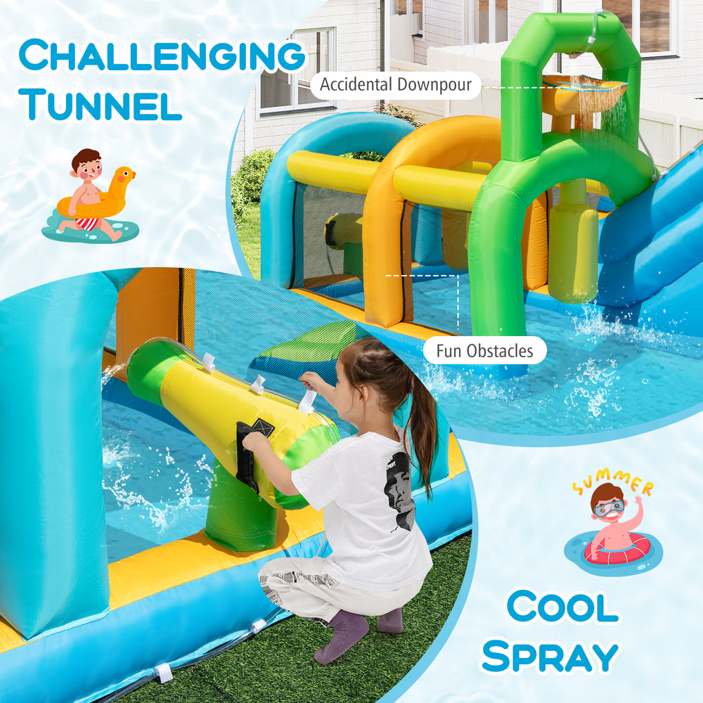 Challenging tunnel of the inflatable water slide with fun obstacles and cool spray features for outdoor play.