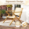 Teak wood patio chair with webbing seat, slanted backrest, and wide armrests for comfort, ideal for indoor or outdoor.