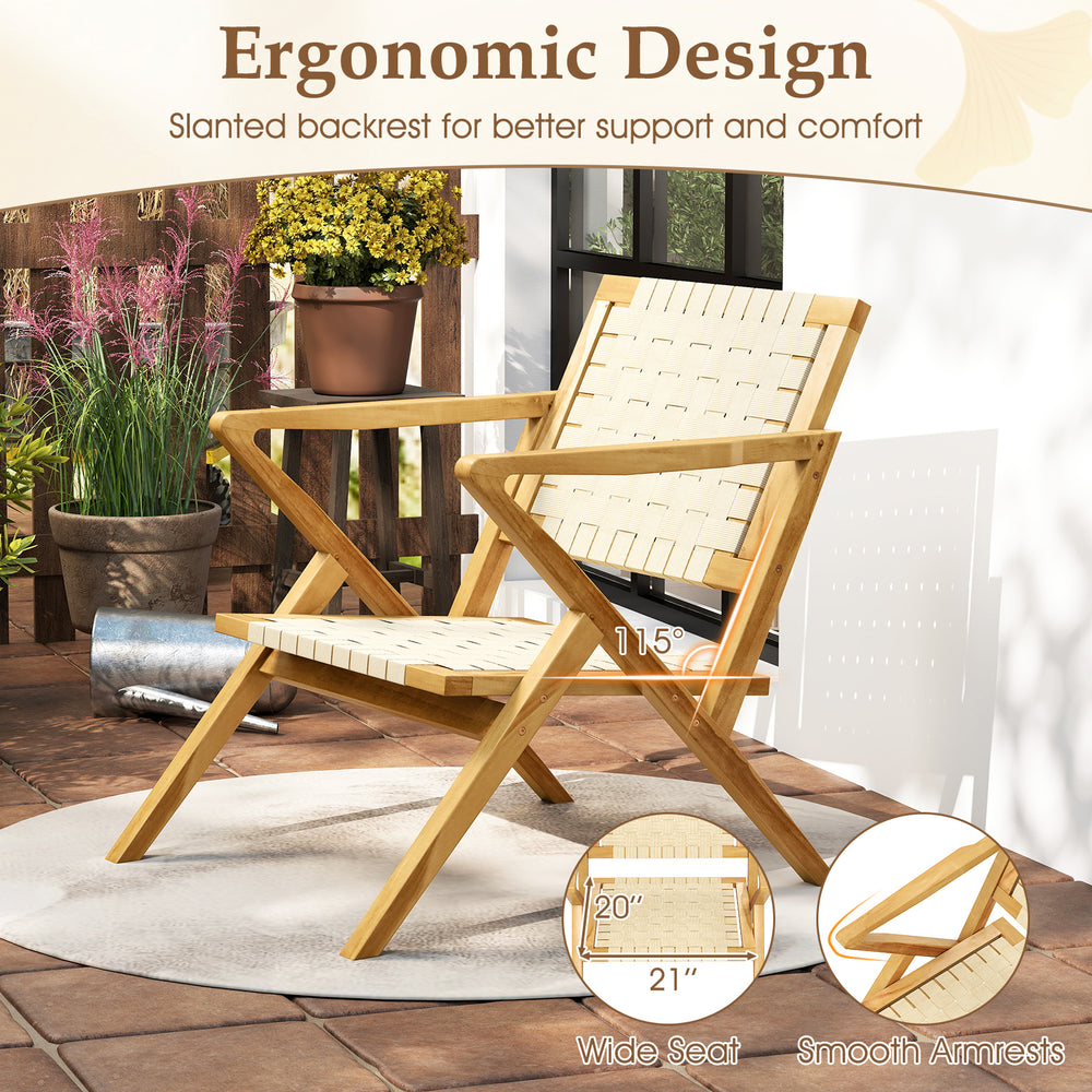 Teak wood patio chair with webbing seat, slanted backrest, and wide armrests for comfort, ideal for indoor or outdoor.