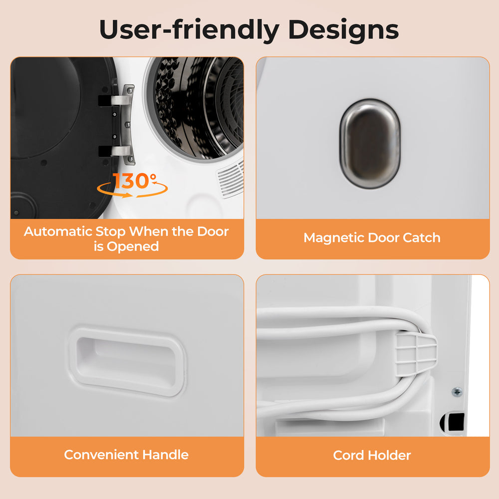 Magnetic door catch and convenient handle on the portable clothes dryer for easy access and user-friendly design.