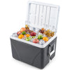 Portable 43.3 Quart hard cooler in black with ice retention, 4 cup holders, and food-grade PP liner for outdoor activities.