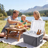 Portable 43.3 Quart hard cooler in black with handles and cup holders, ideal for camping and picnics by the lake.