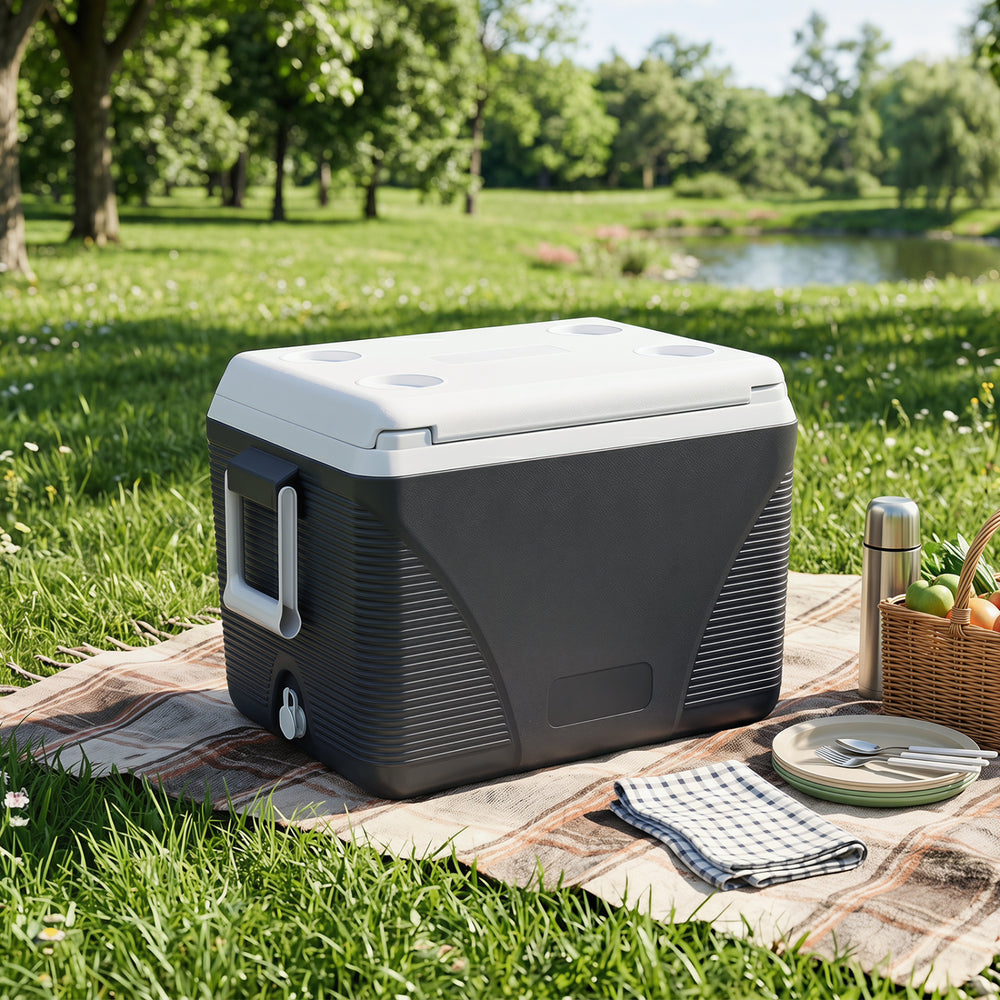 Portable 43.3 Quart hard cooler in black with 4 cup holders, ideal for camping, picnics, and outdoor activities.
